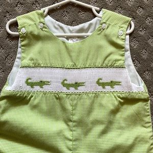 Smocked green check longall with green alligator smock detail size 24 mo